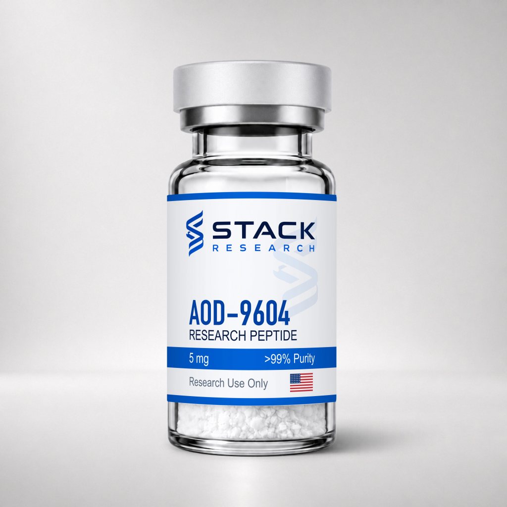 Stack Research AOD-9604 5 mg research-use-only vial on a light gray studio background