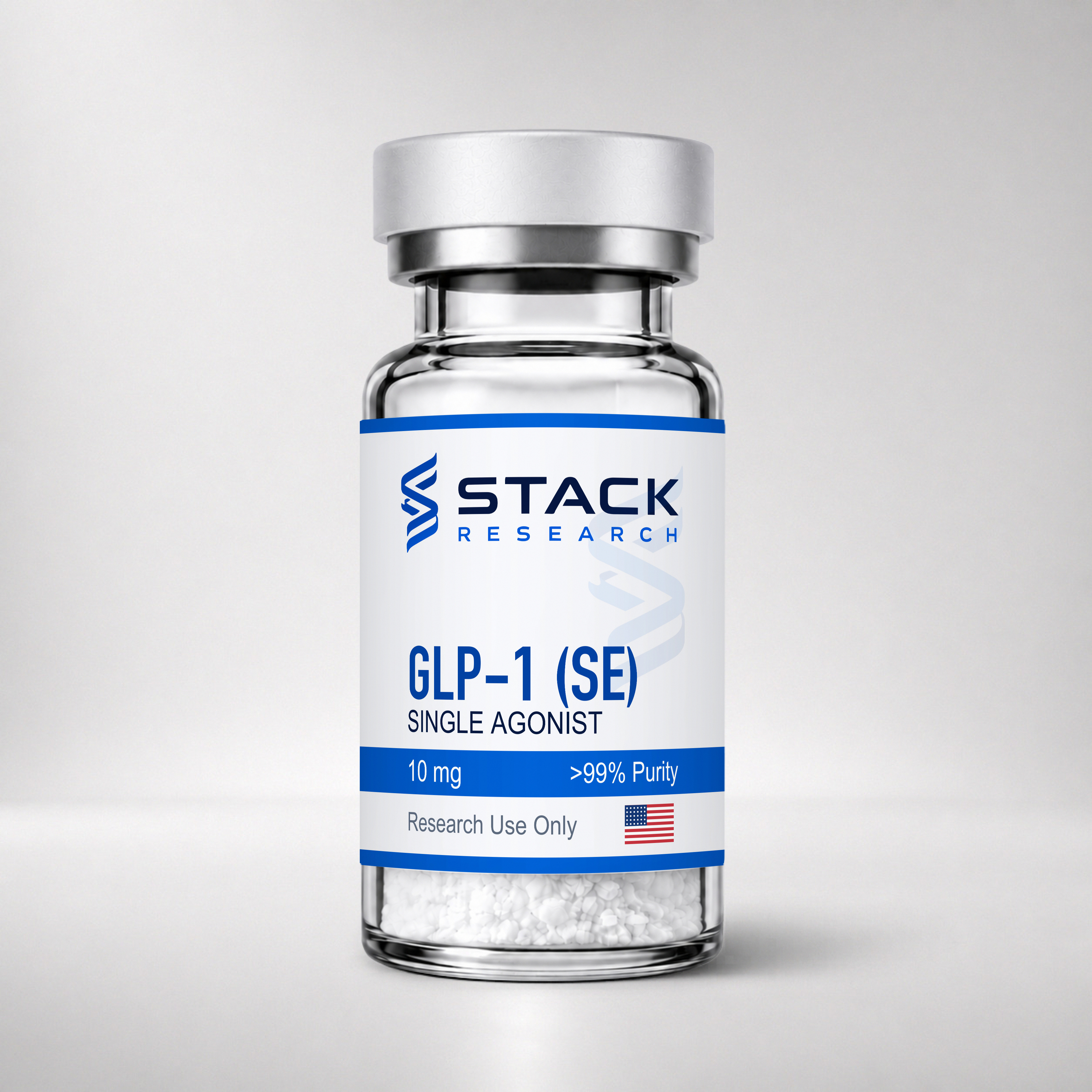 Stack Research GLP-1 (SE) 10 mg research-use-only vial on a light gray studio background
