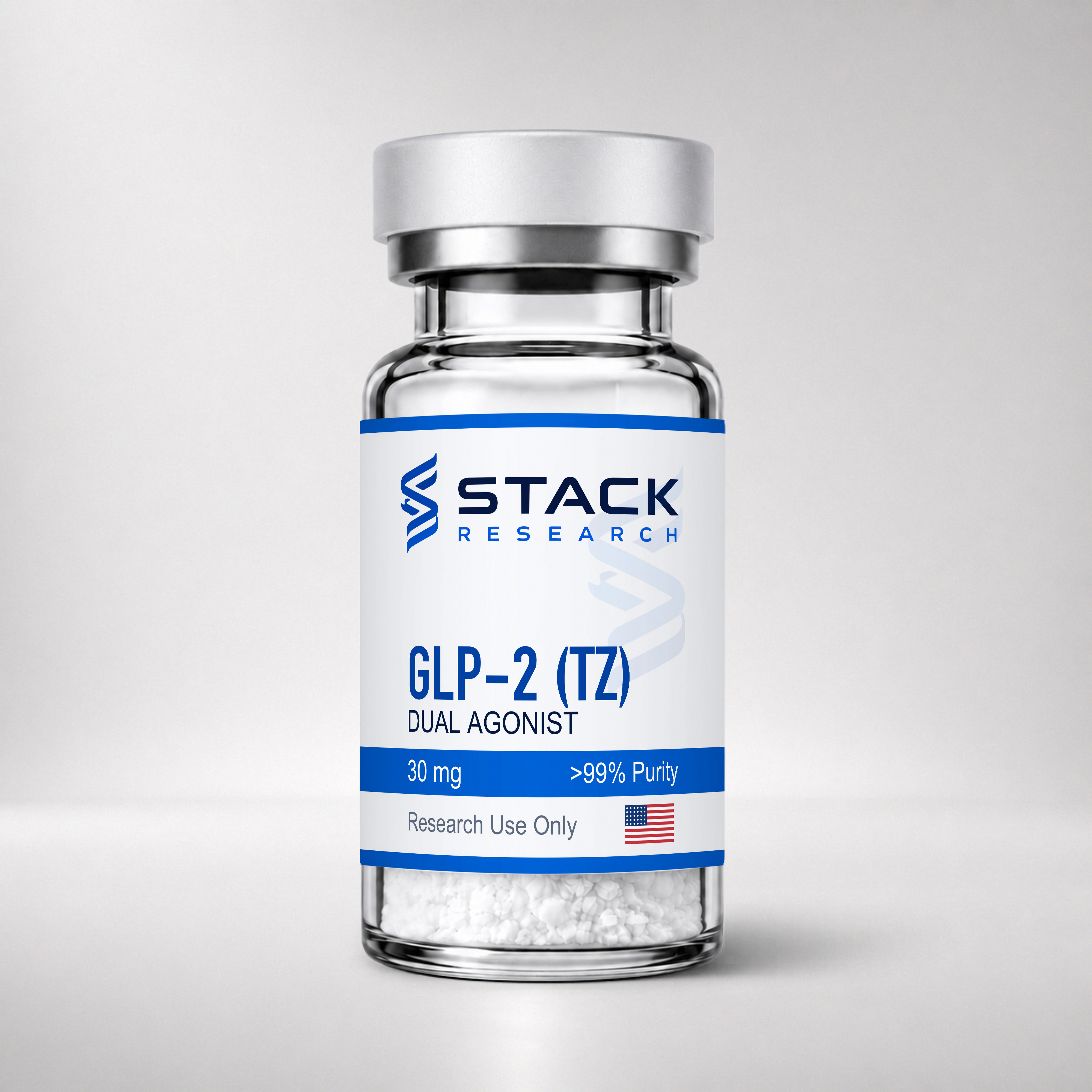Stack Research GLP-2 (TZ) 30 mg research-use-only vial on a light gray studio background