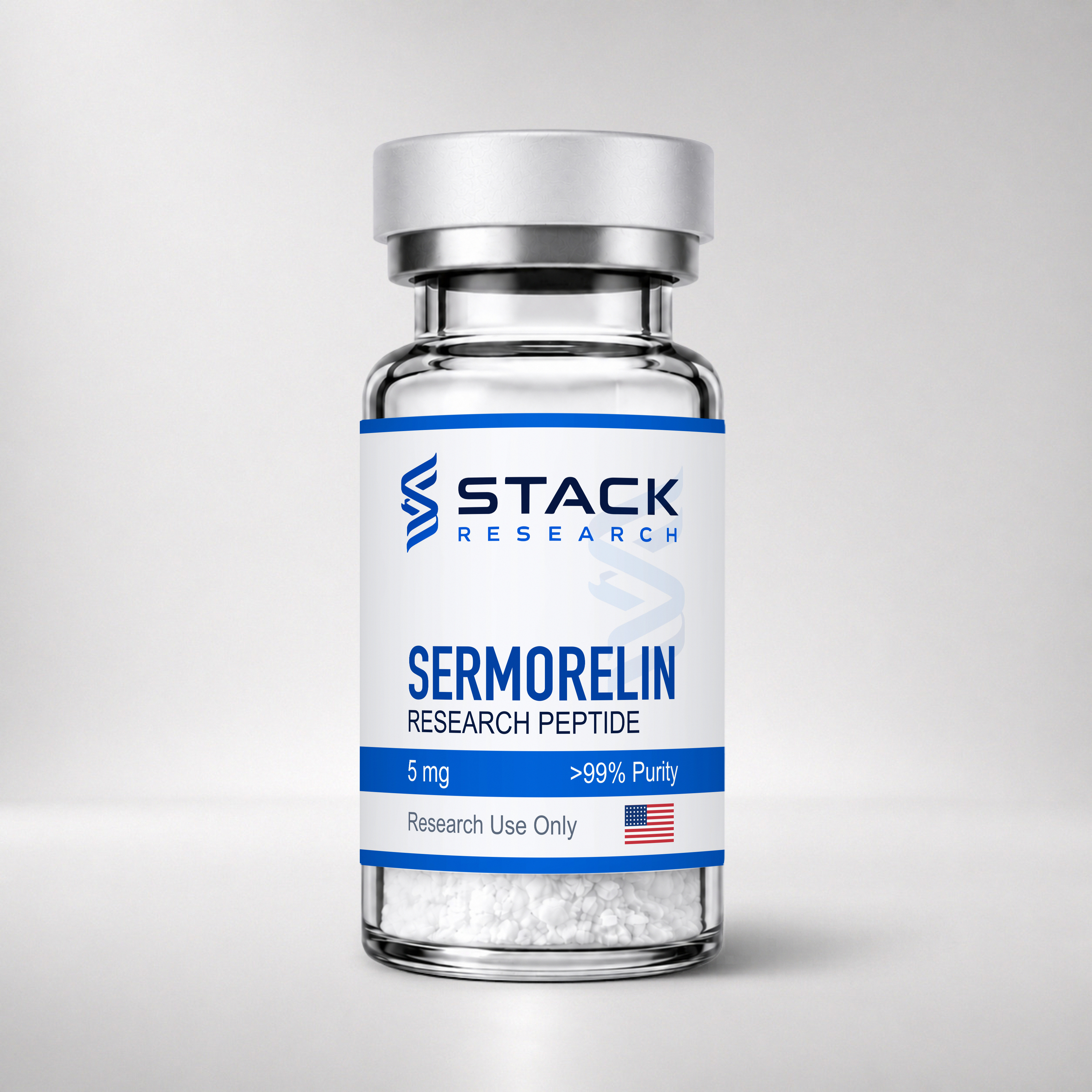 Stack Research Sermorelin 5 mg research-use-only vial on a light gray studio background