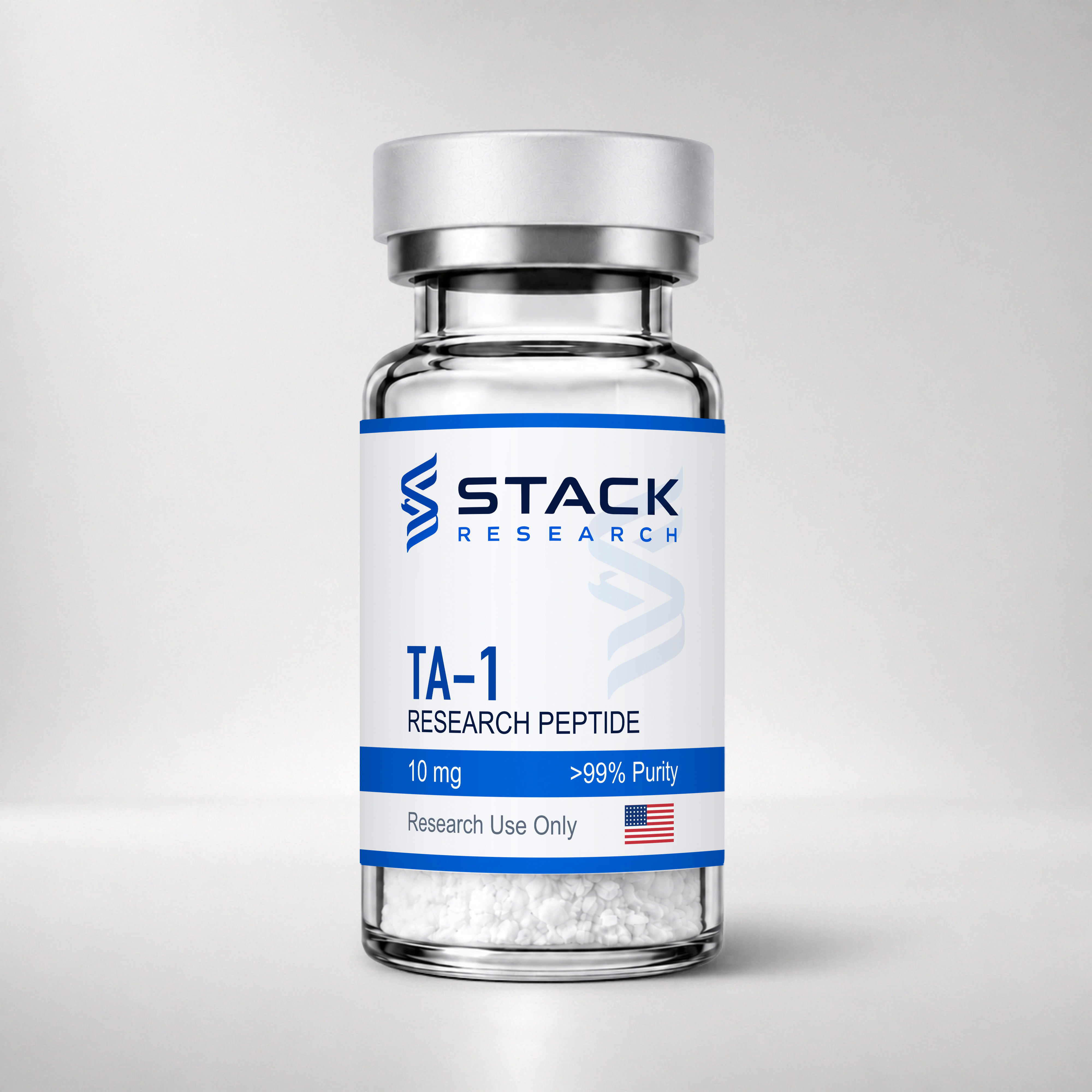 Stack Research TA-1 10 mg research-use-only vial on a light gray studio background