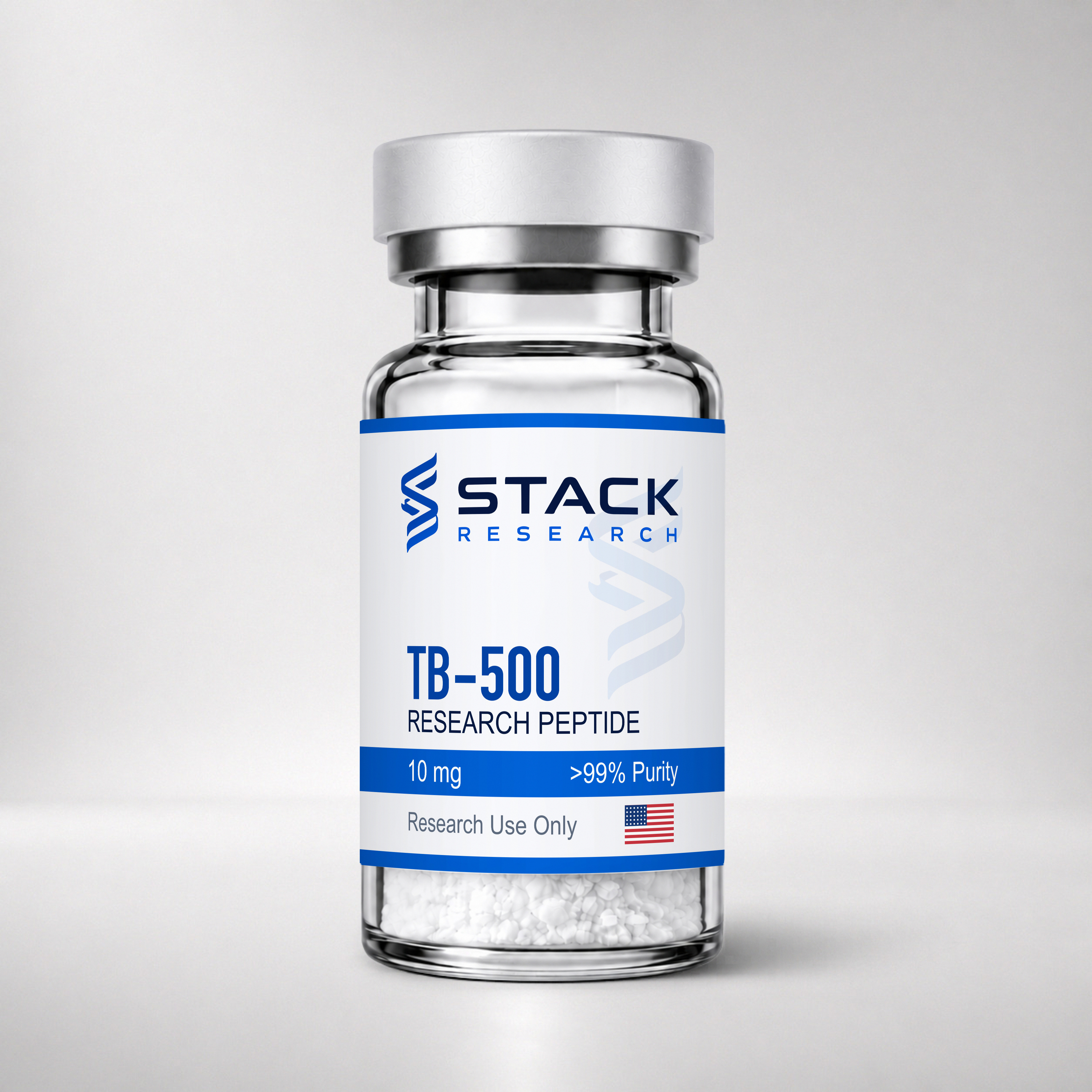 Stack Research TB-500 10 mg research-use-only vial on a light gray studio background