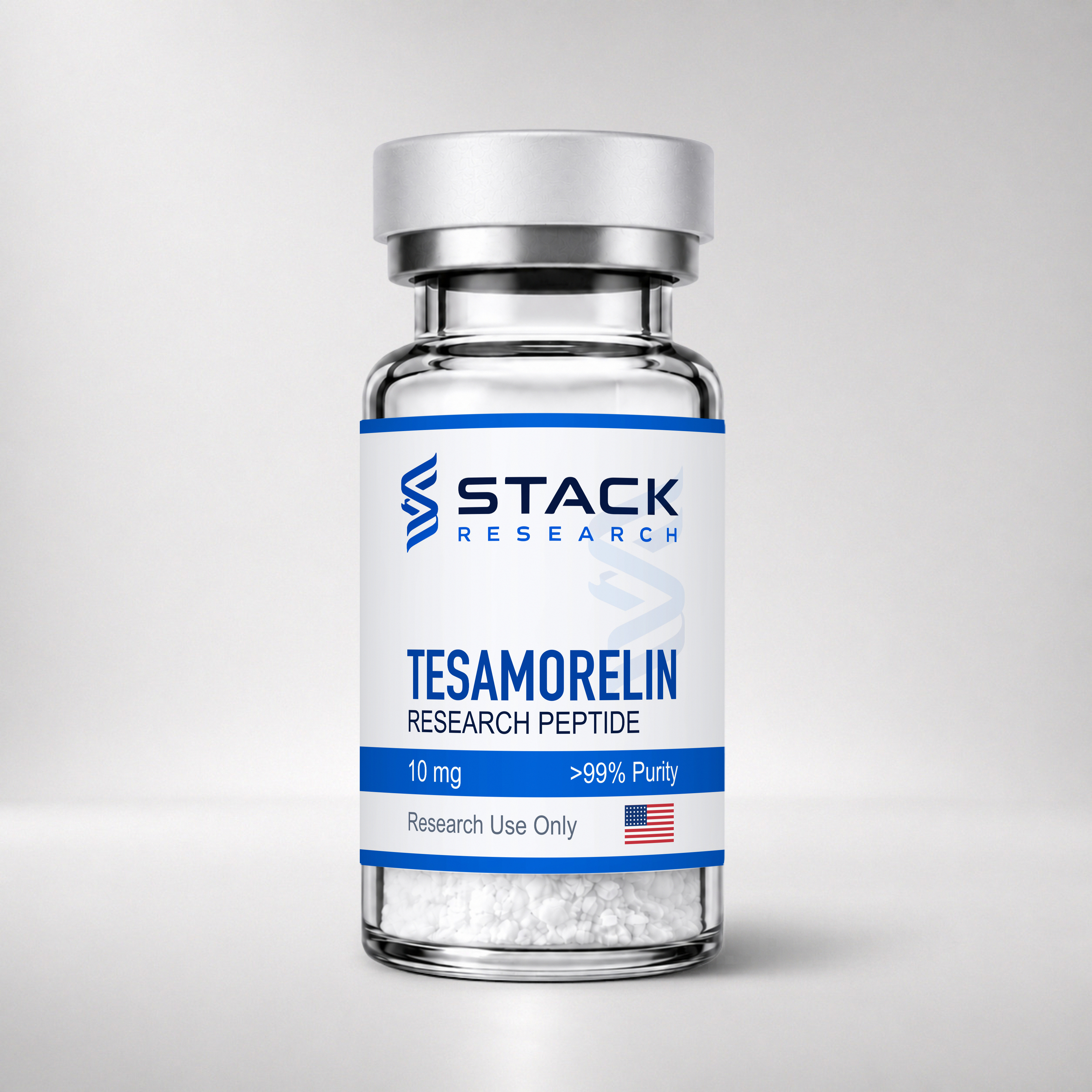 Stack Research Tesamorelin 10 mg research-use-only vial on a light gray studio background
