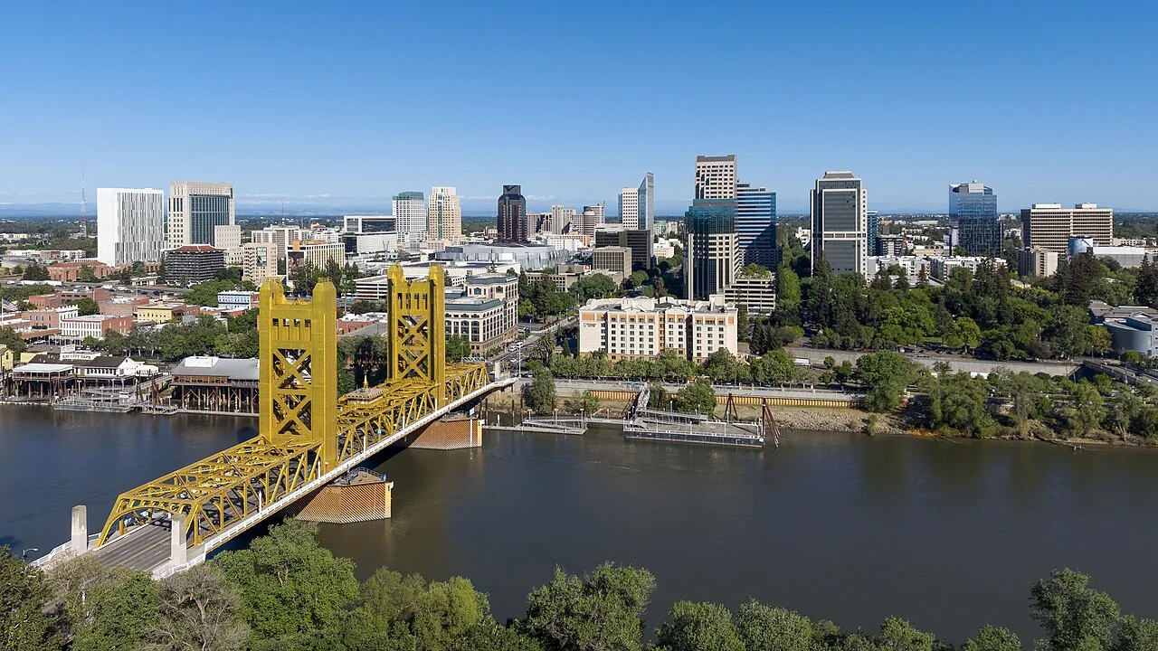 Aerial view of downtown Sacramento, Tower Bridge, and the Sacramento River