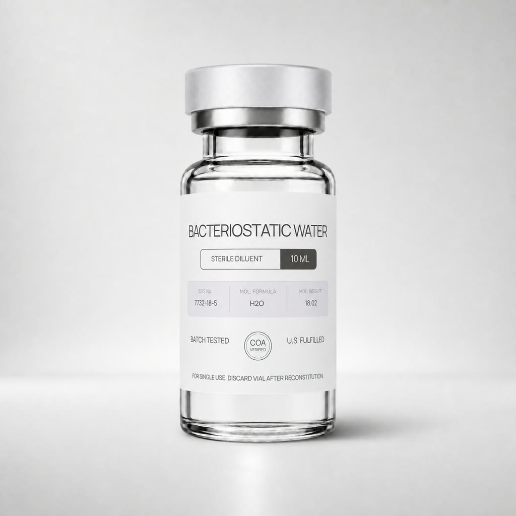 Bacteriostatic Water 10 mL generic-label laboratory diluent vial on a light gray studio background