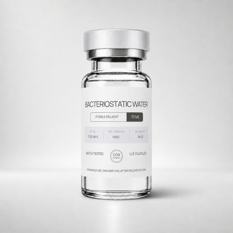Bacteriostatic Water 10 mL generic-label laboratory diluent vial on a light gray studio background