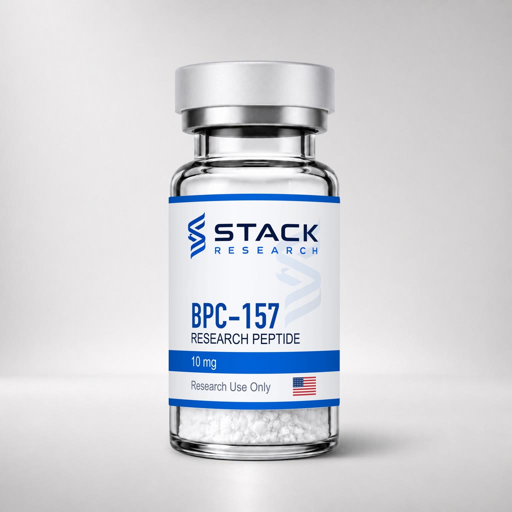 Stack Research BPC-157 10 mg research-use-only vial on a light gray studio background