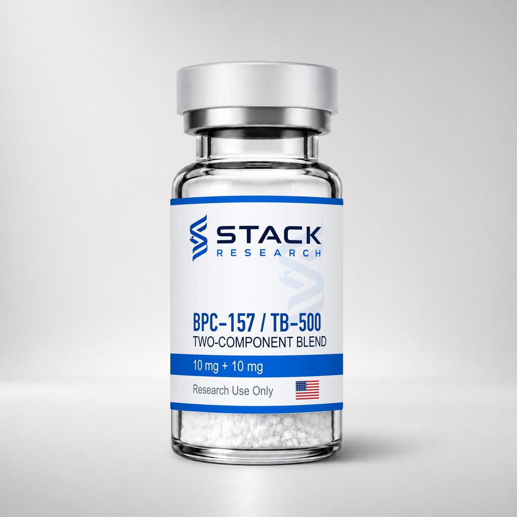 Stack Research BPC-157 / TB-500 10 mg + 10 mg two-component blend vial for research use only on a light gray studio background