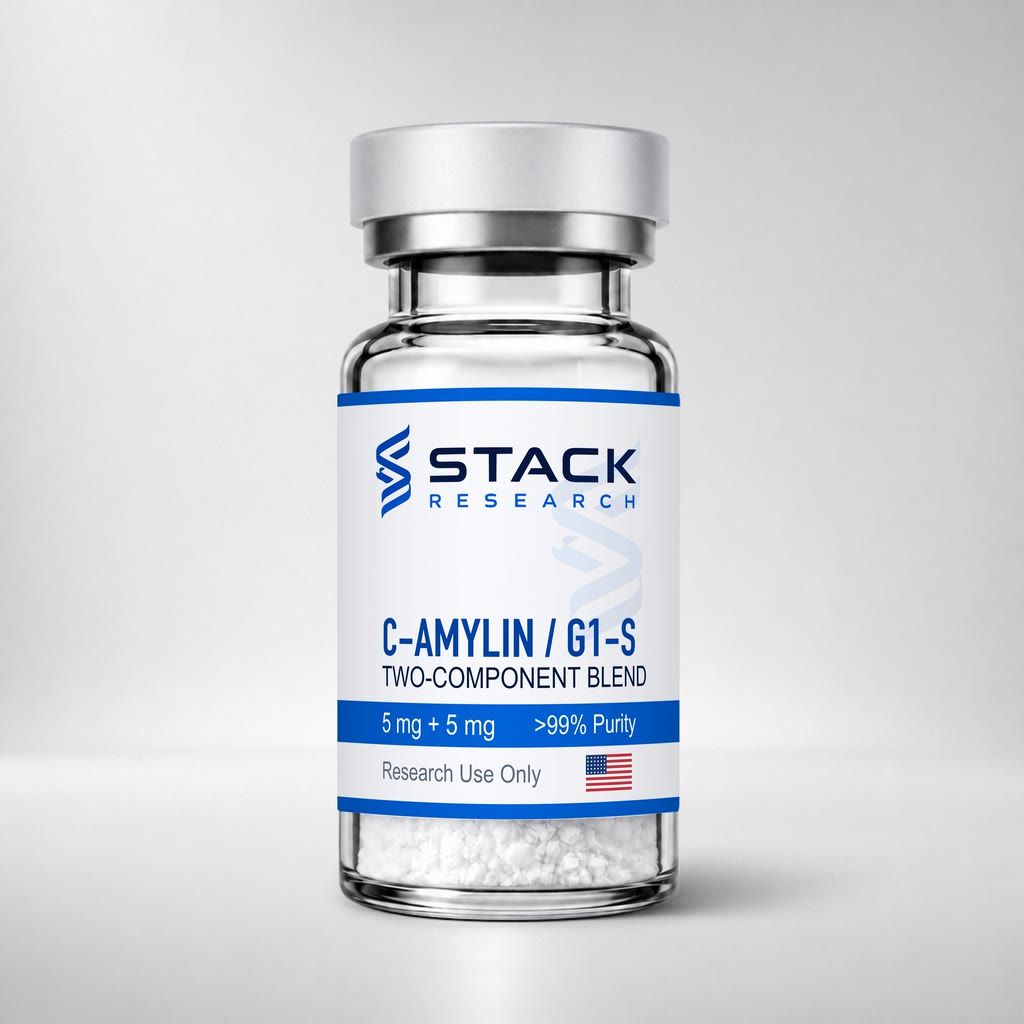Stack Research C-AMYLIN / G1-S 5 mg + 5 mg two-component blend vial for research use only on a light gray studio background
