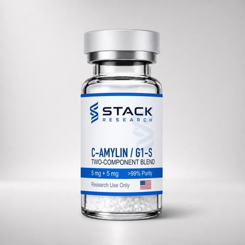 Stack Research C-AMYLIN / G1-S 5 mg + 5 mg two-component blend vial for research use only on a light gray studio background