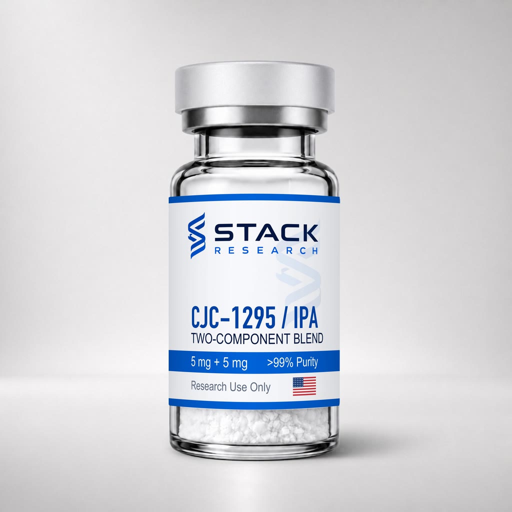 Stack Research CJC-1295 no DAC / Ipamorelin 5 mg + 5 mg two-component blend vial for research use only on a light gray studio background