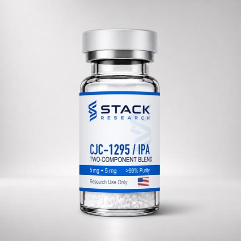 Stack Research CJC-1295 no DAC / Ipamorelin 5 mg + 5 mg two-component blend vial for research use only on a light gray studio background