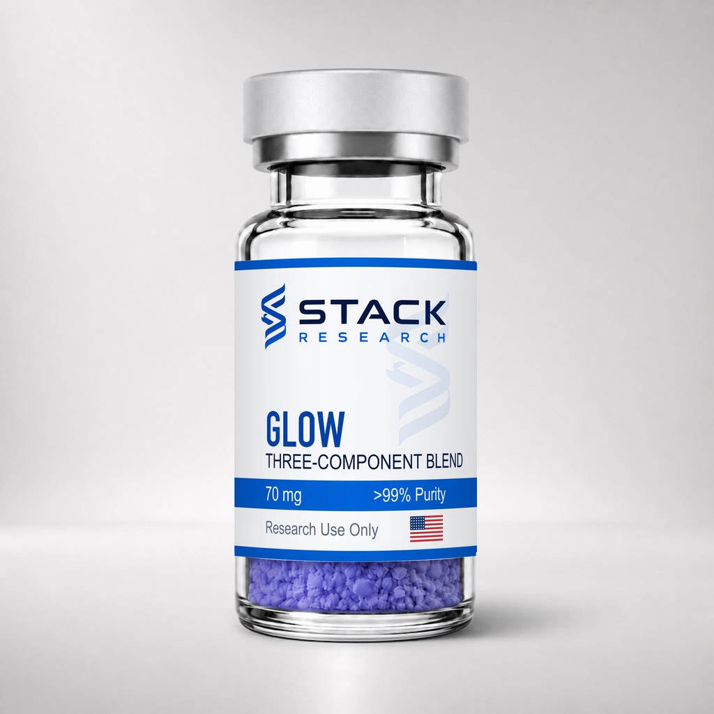 Stack Research GLOW 70 mg three-component blend vial for research use only on a light gray studio background