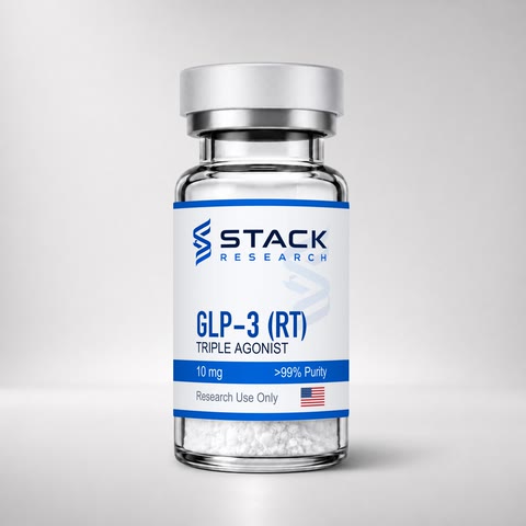 Stack Research GLP-3 (RT) 10 mg research-use-only vial on a light gray studio background