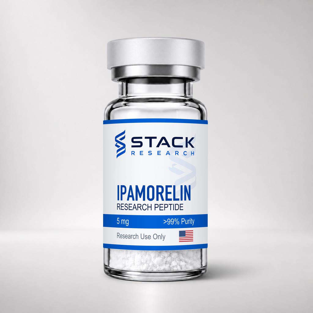 Stack Research Ipamorelin 5 mg research-use-only vial on a light gray studio background