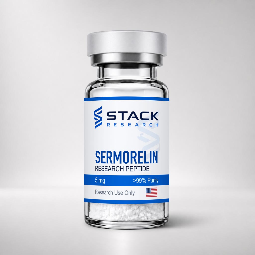 Stack Research Sermorelin 5 mg research-use-only vial on a light gray studio background