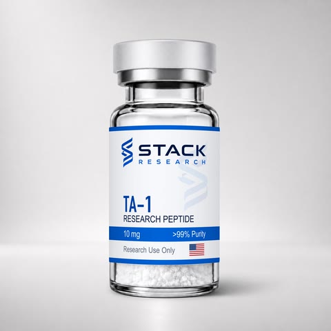 Stack Research TA-1 10 mg research-use-only vial on a light gray studio background