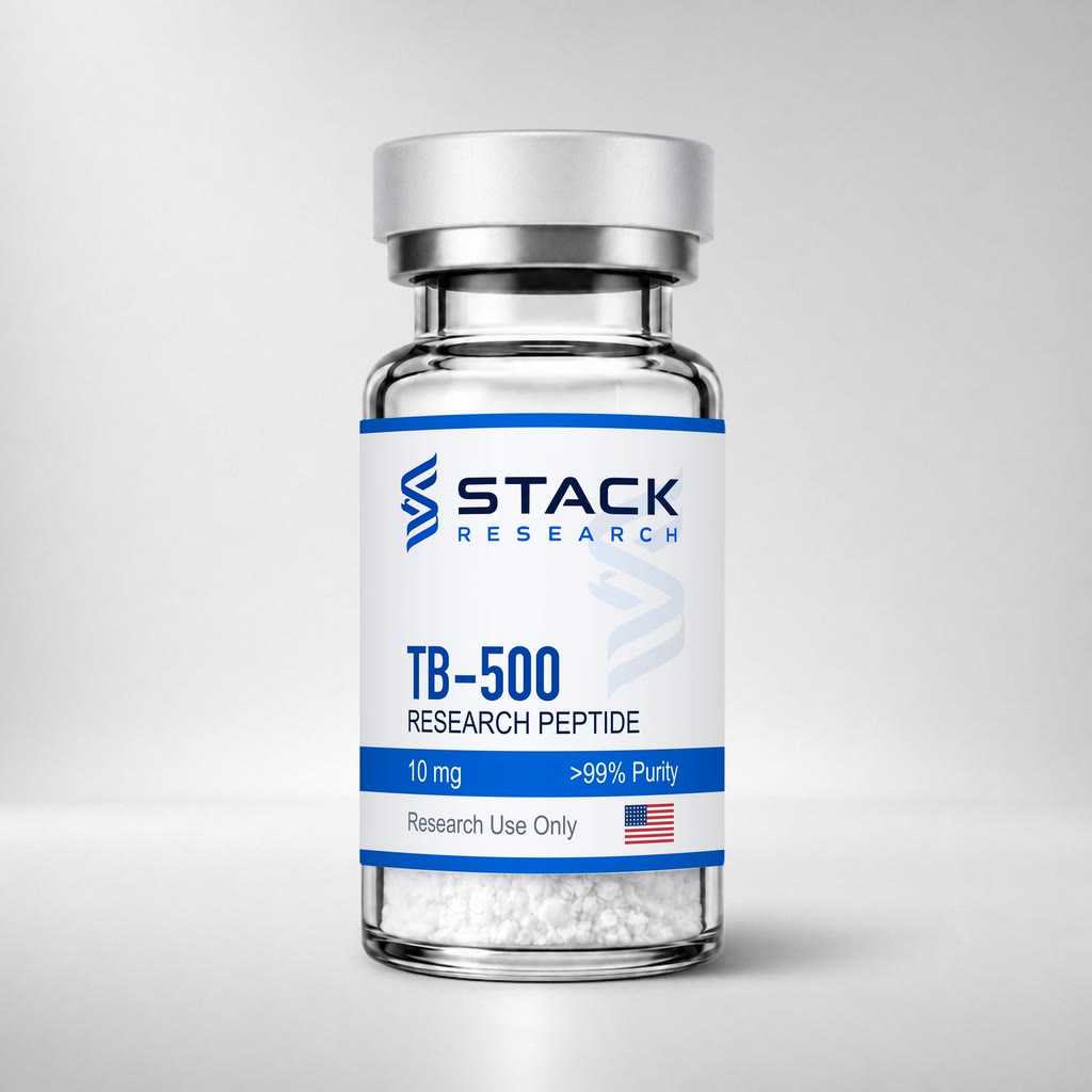 Stack Research TB-500 10 mg research-use-only vial on a light gray studio background