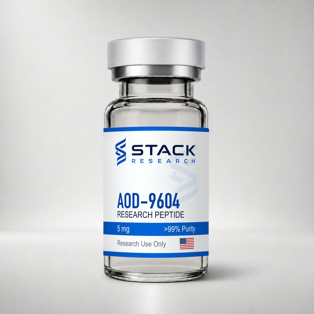 Stack Research AOD-9604 5 mg research-use-only vial on a light gray studio background