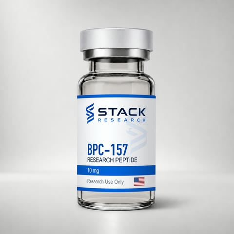 Stack Research BPC-157 10 mg research-use-only vial on a light gray studio background