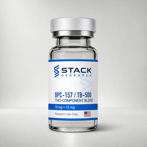 Stack Research BPC-157 / TB-500 10 mg + 10 mg two-component blend vial for research use only on a light gray studio background