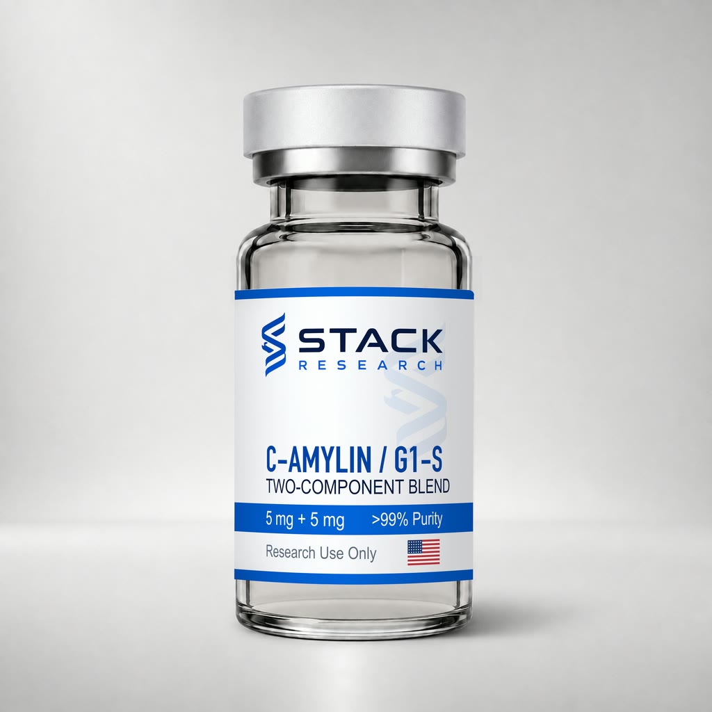 Stack Research C-AMYLIN / G1-S 5 mg + 5 mg two-component blend vial for research use only on a light gray studio background