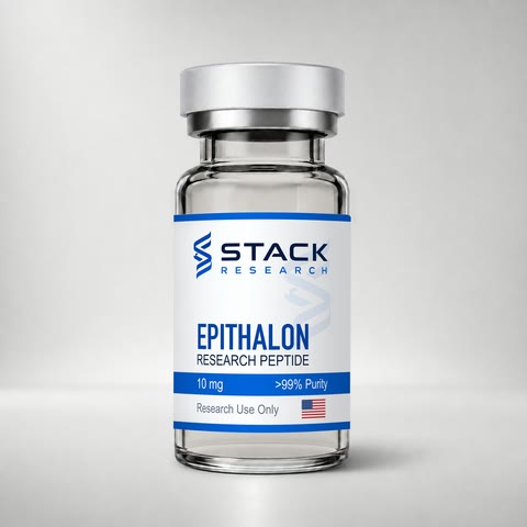 Stack Research Epithalon 10 mg research-use-only vial on a light gray studio background