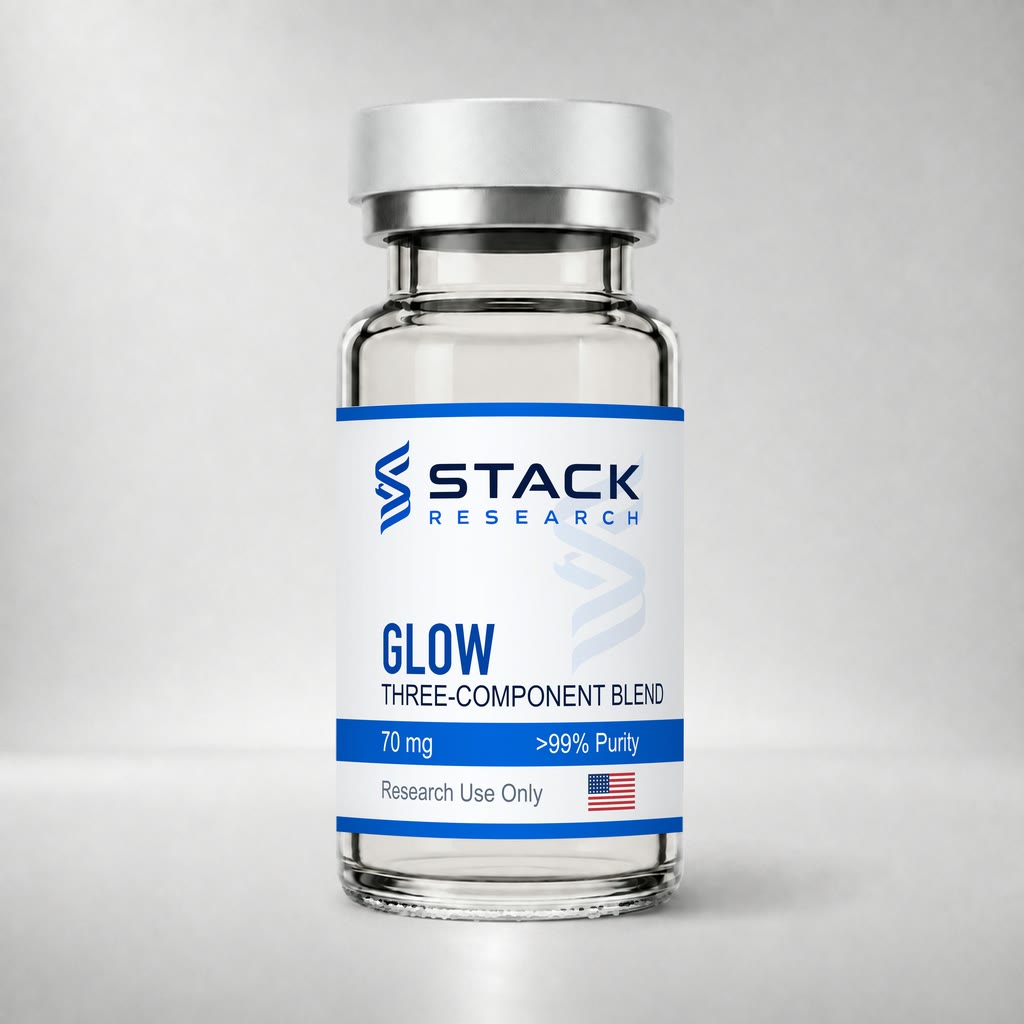 Stack Research GLOW 70 mg three-component blend vial for research use only on a light gray studio background