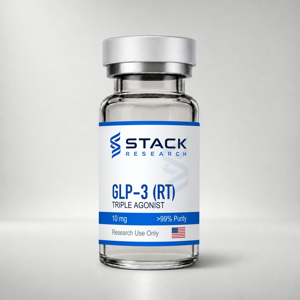 Stack Research GLP-3 (RT) 10 mg research-use-only vial on a light gray studio background