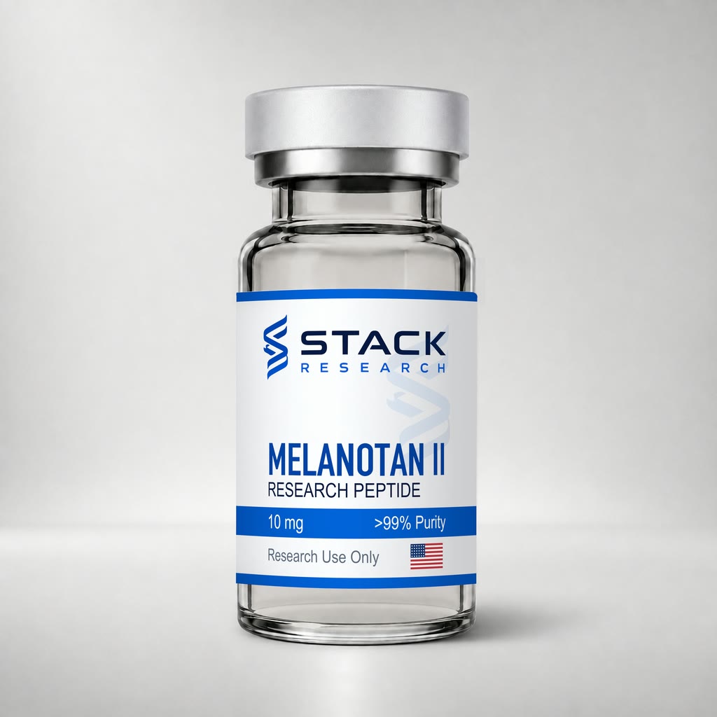 Stack Research Melanotan II 10 mg research-use-only vial on a light gray studio background