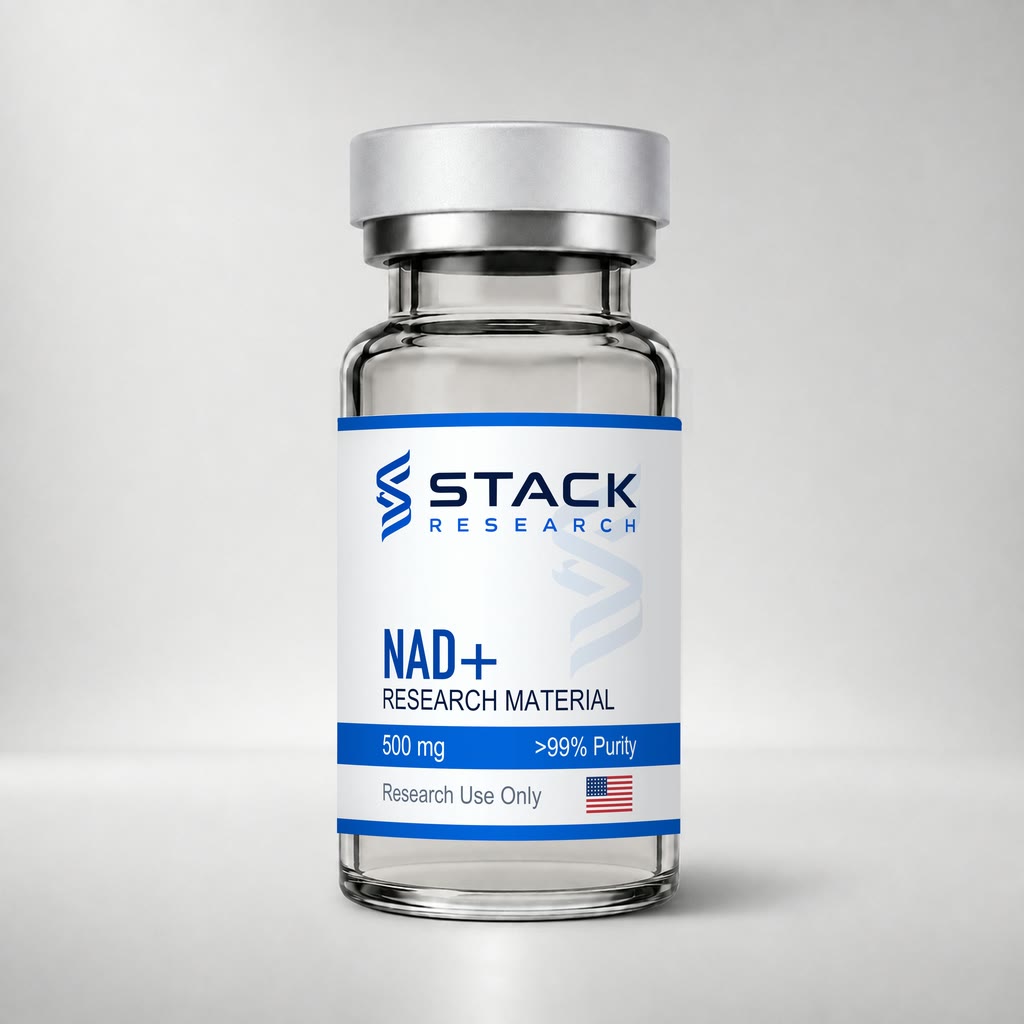Stack Research NAD+ 500 mg research-use-only vial on a light gray studio background