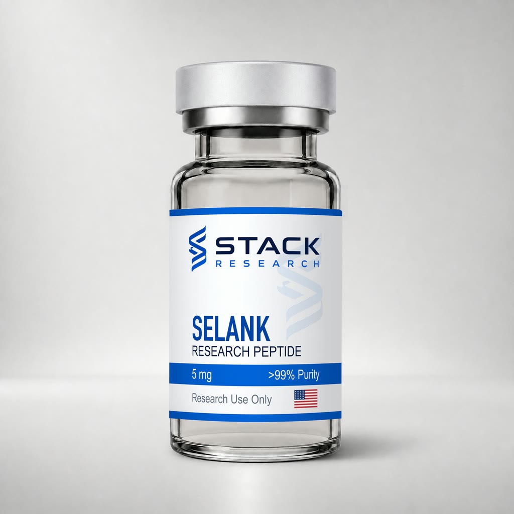 Stack Research Selank 5 mg research-use-only vial on a light gray studio background