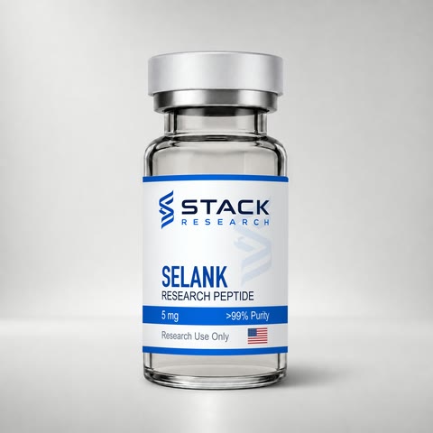Stack Research Selank 5 mg research-use-only vial on a light gray studio background