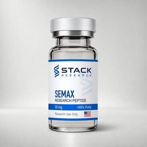 Stack Research Semax 30 mg research-use-only vial on a light gray studio background