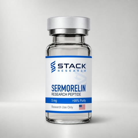 Stack Research Sermorelin 5 mg research-use-only vial on a light gray studio background
