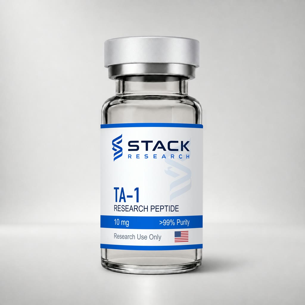 Stack Research TA-1 10 mg research-use-only vial on a light gray studio background