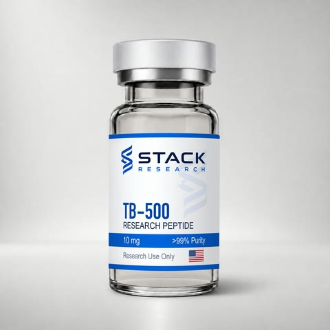 Stack Research TB-500 10 mg research-use-only vial on a light gray studio background