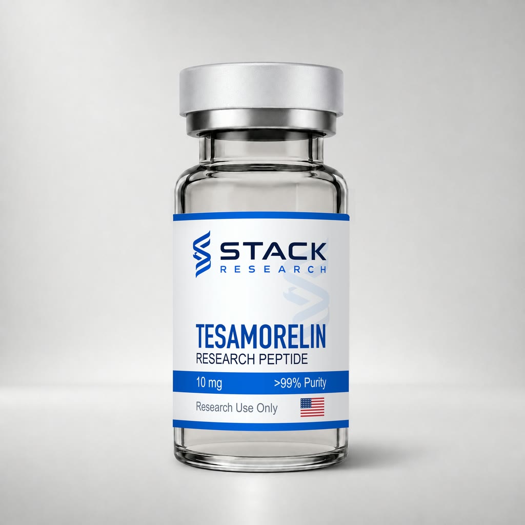 Stack Research Tesamorelin 10 mg research-use-only vial on a light gray studio background