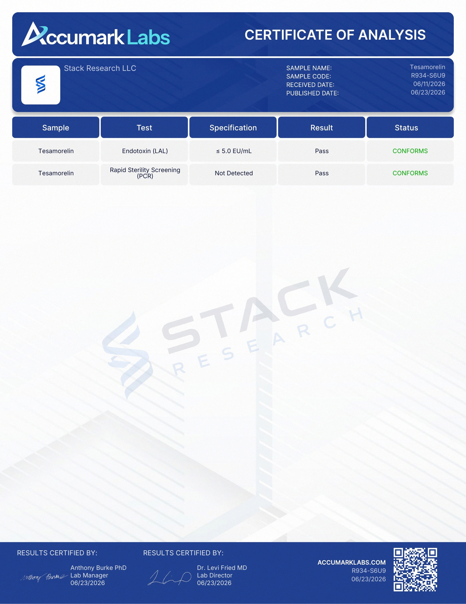 Certificate of Analysis page 2 for Tesamorelin, 10 mg, SKU STK-TSM10, lot 1002.