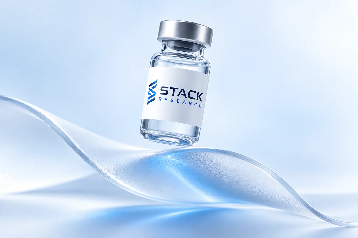 Illustration of a Stack Research branded vial with sculptural frosted glass.