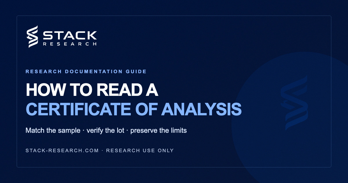Stack Research guide: How to Read a Certificate of Analysis. Match the sample, verify the lot, and preserve the limits.