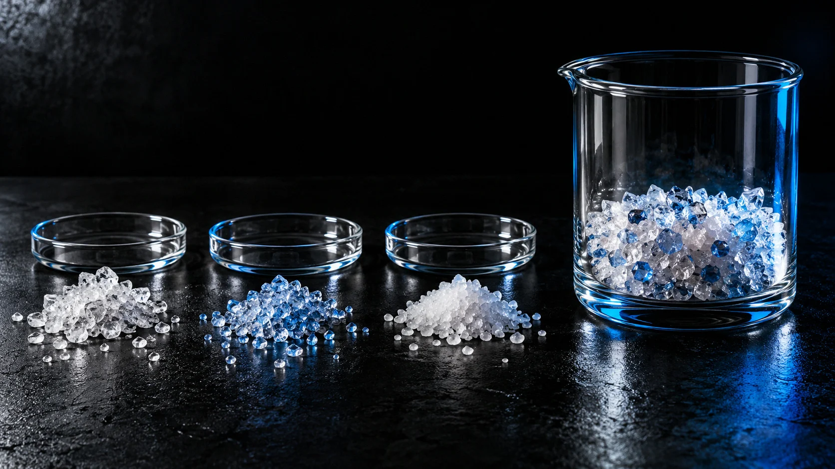 Four piles of crystalline substances in petri dishes and a beaker on a dark surface.