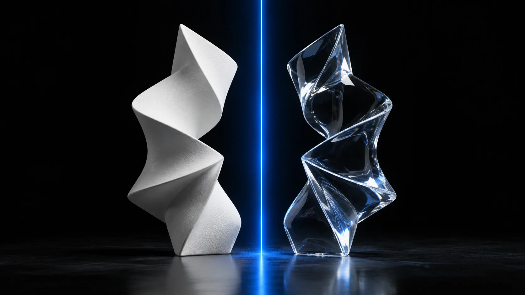 A white twisted sculpture and a transparent twisted sculpture are positioned side by side with a blue light beam between them, set against a dark background.
