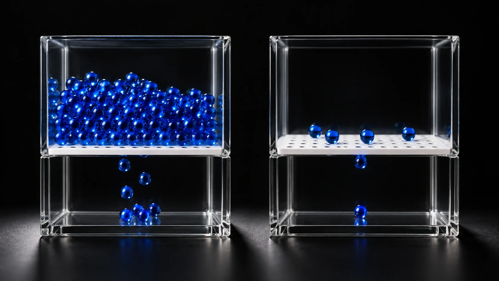 Two transparent containers with blue spheres; the left container is full, while the right has fewer spheres, illustrating a concept of separation or filtration.